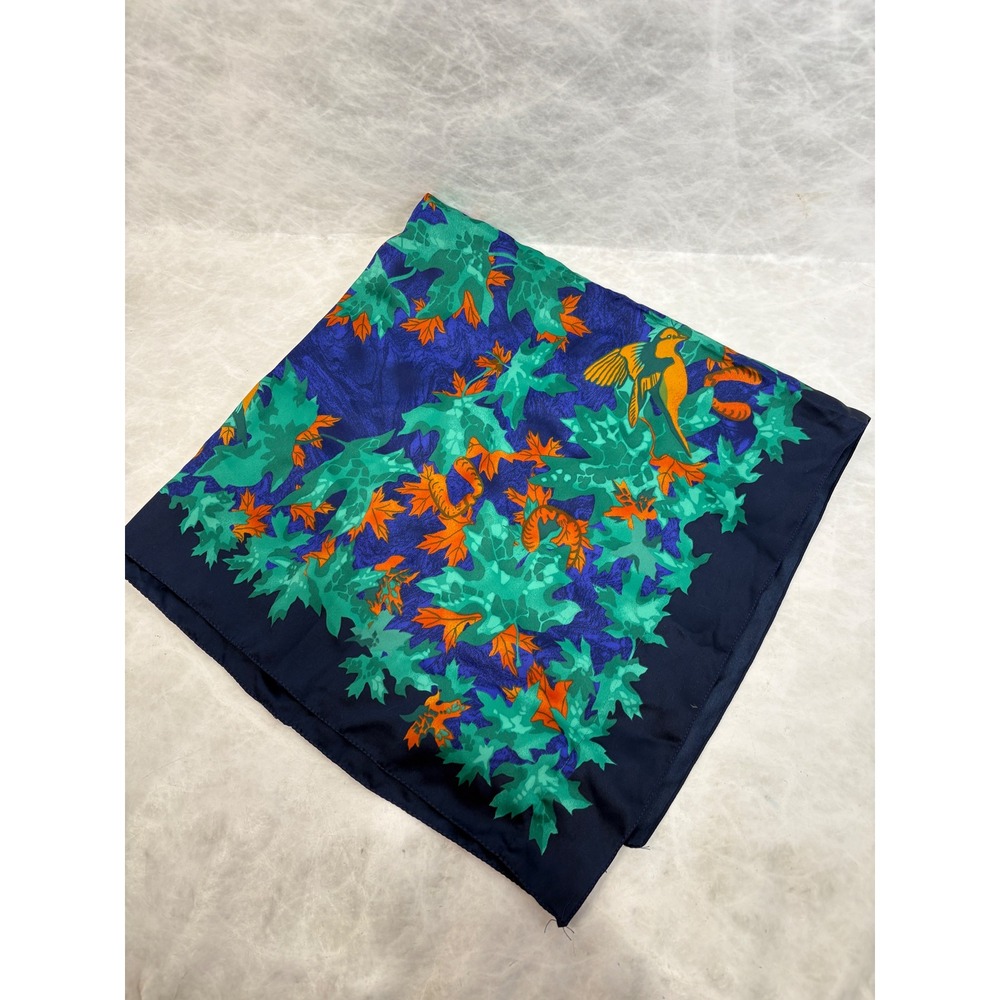 Magenta Vintage Square Scarf Made in Italy Navy Blue Green Leaf Bird Print
